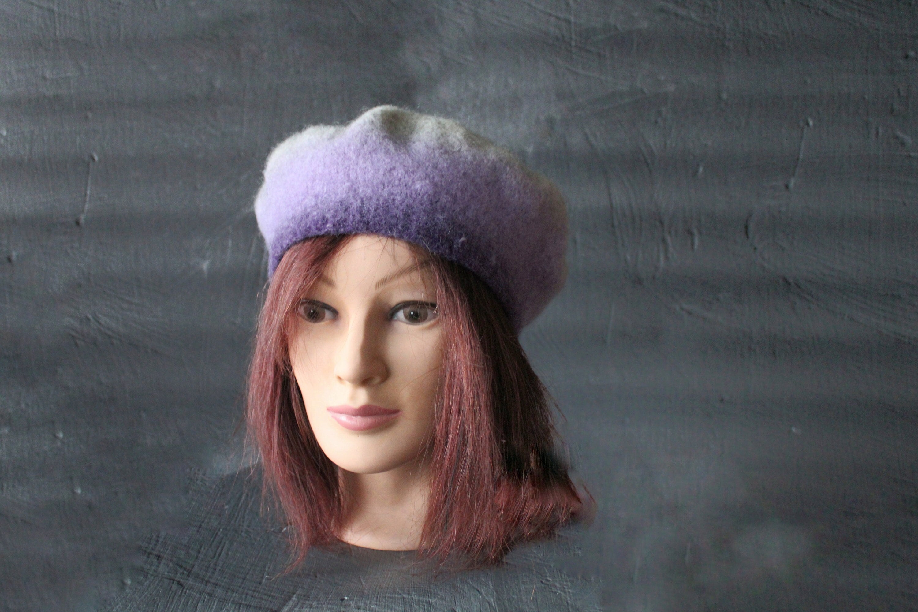 フェルトベレー帽とウールショールセット：パープル＆グレーニット