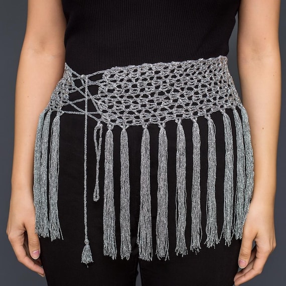 Silver Crochet Fringe Belt, Belly Dance Hip Scarf, Shimmery  display picture 3