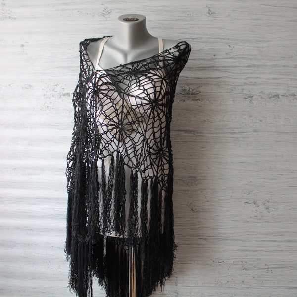 Witch shawl Crochet Black shawl fringe Organic cotton shawl Stevie Nicks inspired Halloween shawl spider web