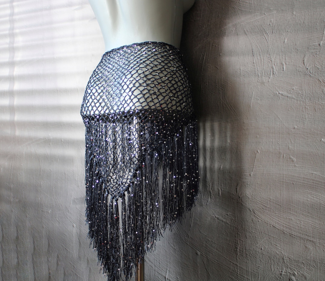 Vintage Y2K Beaded Fringe Hip Scarf Belt Hand Beaded Rosette Closure Black Amazon.com: Beaded Hip Scarf Gyptian Professional Belly  main image 4