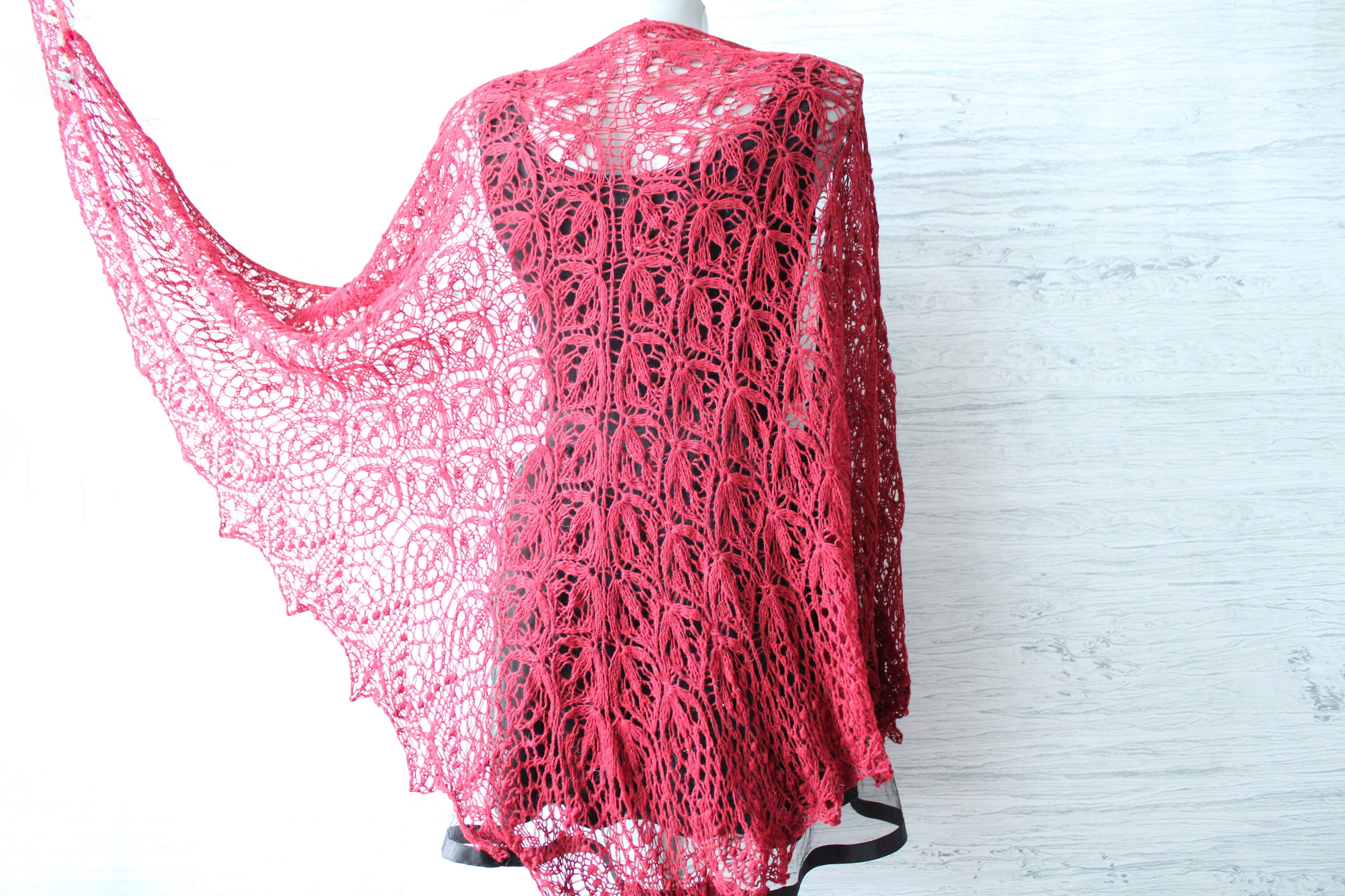 Burgundy shawl Hand knit wool shawl Triangle lace shawl Boho | Etsy