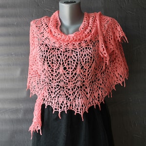 Hand Knitted Linen Lace Shawl: Salmon Pink Wedding Stole