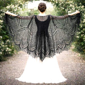Hand Knit Merino Wool Lace Shawl: Victorian Goth Wedding Stole