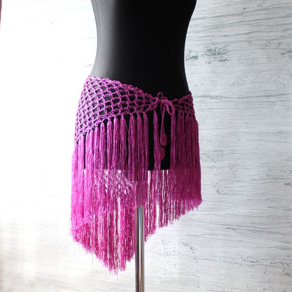 Crochet Belly Dance Hip Scarf: Magenta Fringe Tassel Belt