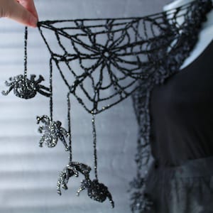 Black spider web scarf Halloween crochet scarf Long shimmery scarf with spider Goth Witch Steampunk skinny scarf