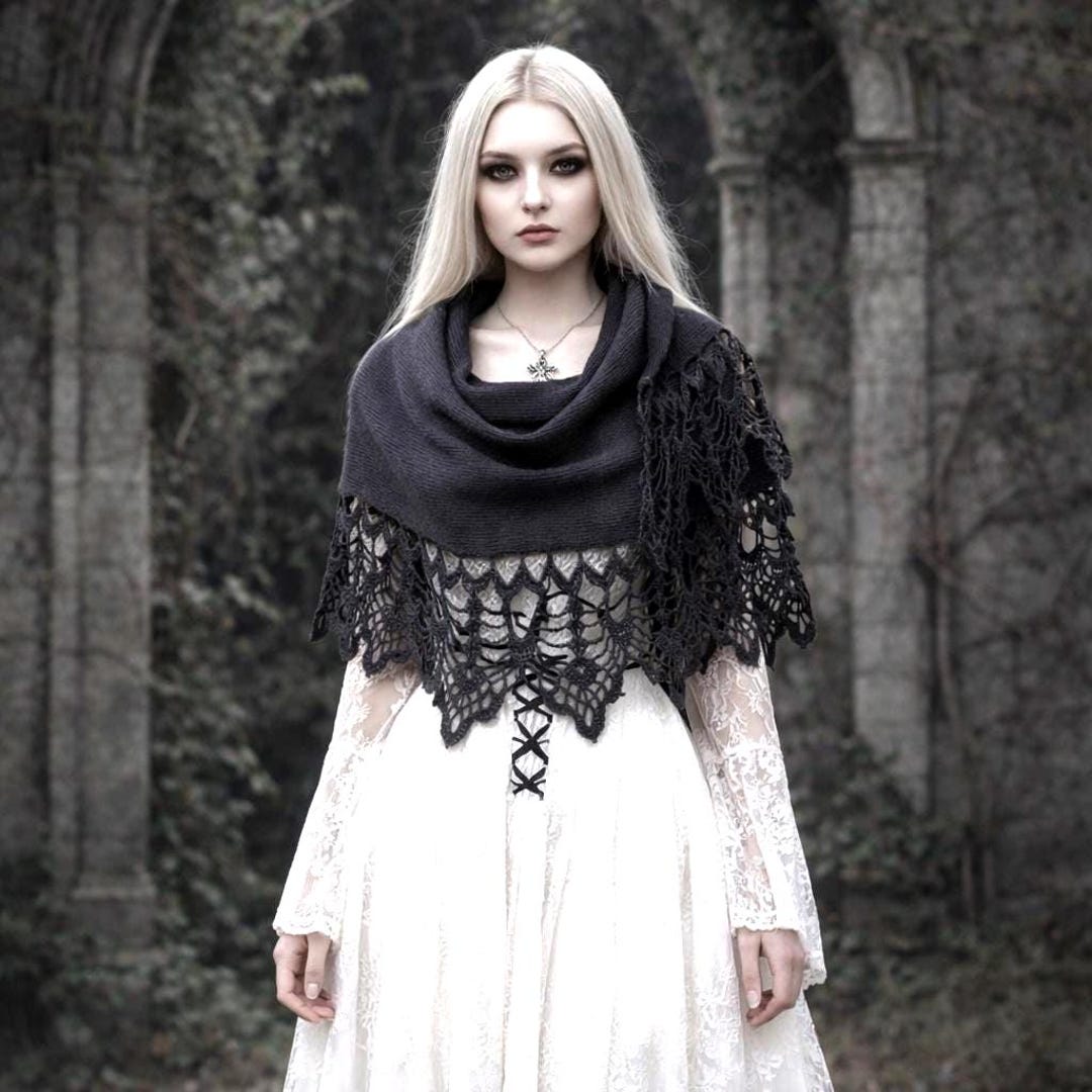 Black Gothic Lace Shawl: Wide Scarf, Hand Knit Linen Silk Wedding