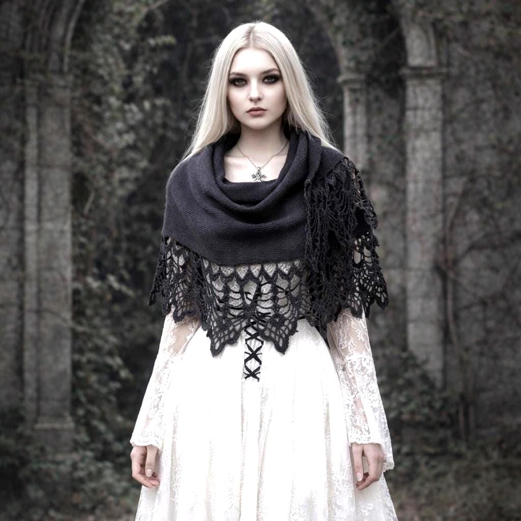 Black Gothic Lace Shawl: Wide Scarf, Hand Knit Linen Silk Wedding