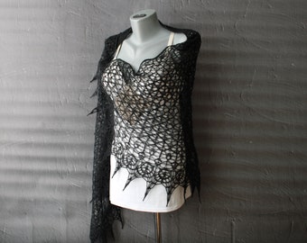 Merino wool shawl hand knit, Gothic, Victorian style shoulder wrap, Black wedding shawl bride