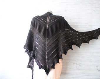 Vampire bat shawl Hand knit triangle black shoulder wrap Victorian style ruffled shawl Gothcore wedding Anniversary gift for wife