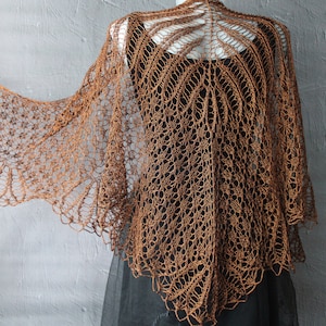 Hand knit lace shawl Golden brown triangle scarf Wedding shawl bride  Boho style shoulder cape Viscose linen blend Handmade anniversary gift