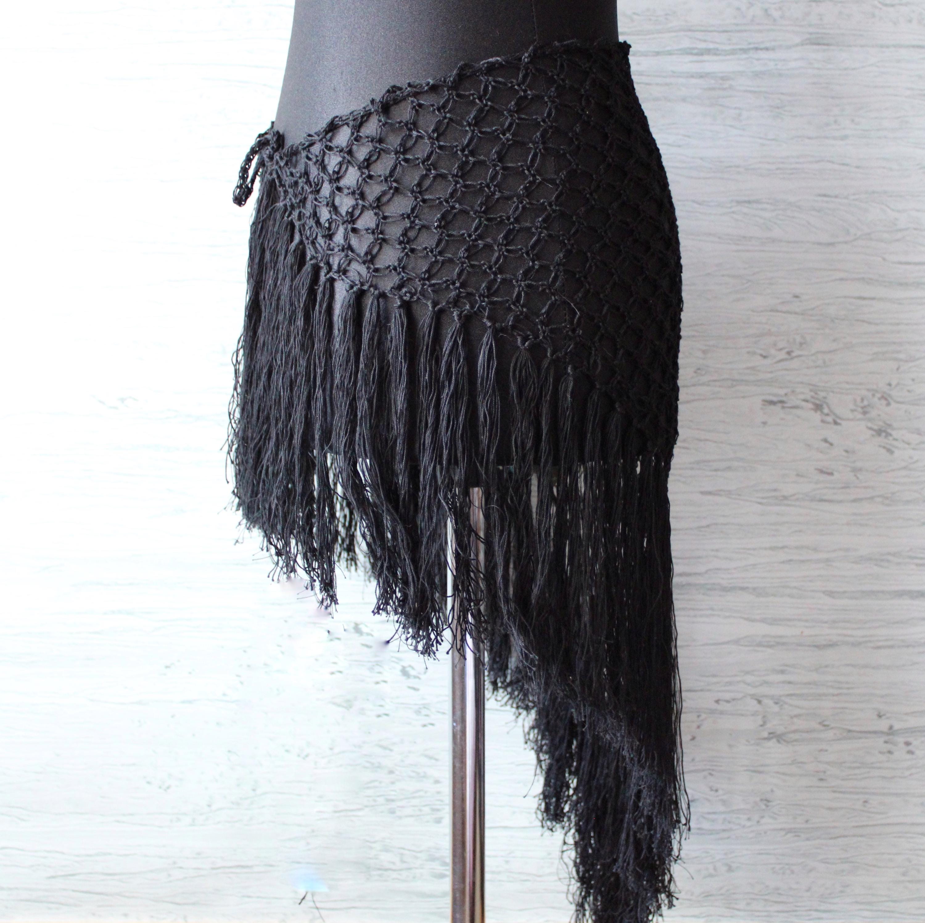 Black Fringe Hip Scarf: Fishnet Belly Dance Festival Skirt 