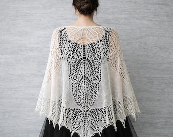 Chal tejido a mano, bufanda de boda color marfil, capa de hojas de encaje, chal de lana