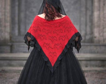 Hand Knit Bat Wing Shawl: Red & Black Gothic Cape