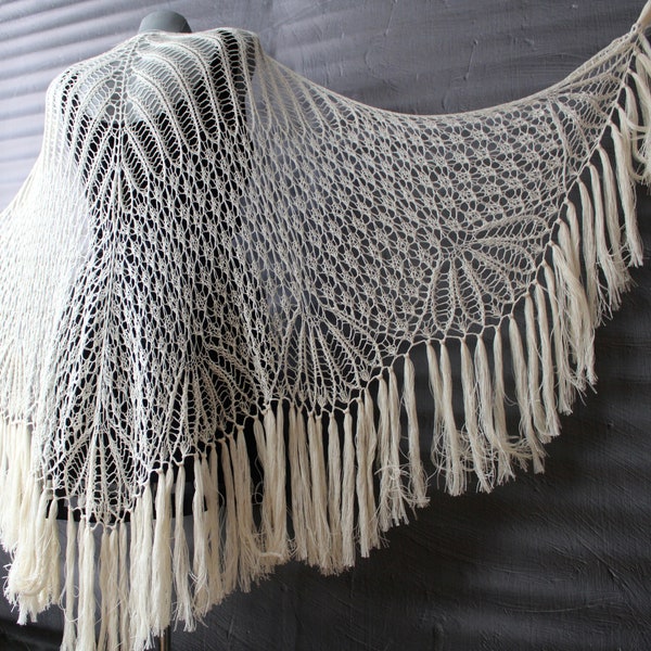 Ivory shawl with fringe Boho wedding shawl Bridal shawl hand knit Lace shawl fringe Cream wool shawl handmade