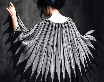 Hand Knit Feather Shawl: Wool Bird Wings Cape - Black & Grey