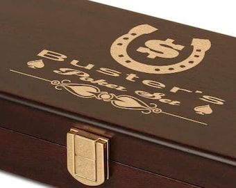 Custom laser enrgaved  Mahogany wood Poker chips case with room for 100 chips - Horseshoe design