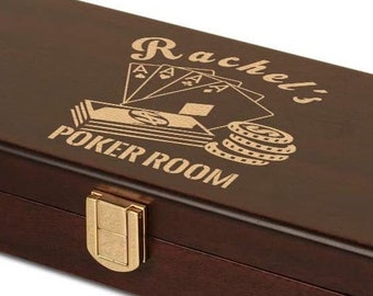 Custom laser enrgaved  Mahogany wood Poker chips case with room for 100 chips - Aces & chips design