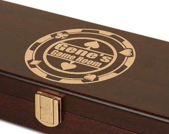 Custom laser enrgaved  Mahogany wood Poker chips case with room for 100 chips - Chip design