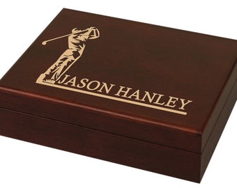 DA VINCI Personalized Engraved Wood Mahogany Golf Ball Box with Space for 12 Balls