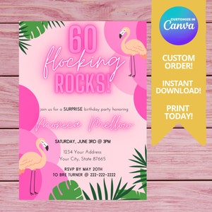 60. Geburtstagseinladung, Flamingo-Einladung, lustige Geburtstagseinladung, Ananas, 60 Jahre alt, Flamingo, Geburtstagseinladung, Hawaiian, Pink