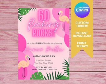 60th Birthday Invitation, Flamingo Invitation, Funny Birthday Invite, Pineapple, 60 Years Old, Flamingo, Birthday Invitation, Hawaiian, Pink