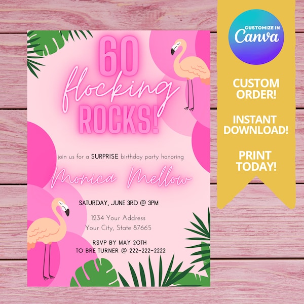 60th Birthday Invitation, Flamingo Invitation, Funny Birthday Invite, Pineapple, 60 Years Old, Flamingo, Birthday Invitation, Hawaiian, Pink