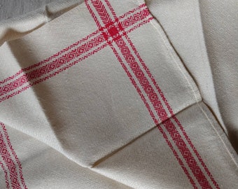 Vintage Linen Ivory and Red Jacquard Tea Towel Dishcloth Textile