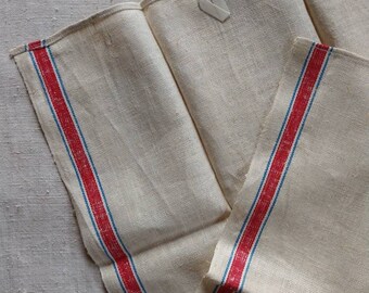 Pair Vintage French Linen Tea Towels Dishcloths Ivory with Red Blue Stripe Borders