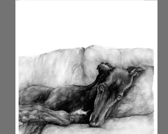 Può includere: Biglietto di auguri in bianco e nero con un levriero che riposa su un cuscino. Il cane è sdraiato, con la testa appoggiata su un cuscino. Il biglietto è bianco con un bordo grigio.