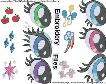 May include: Embroidery files for My Little Pony characters. The files include eyes, a rainbow, a star, butterflies, and balloons. The text "Embroidery Files" is written vertically on the right side of the image.