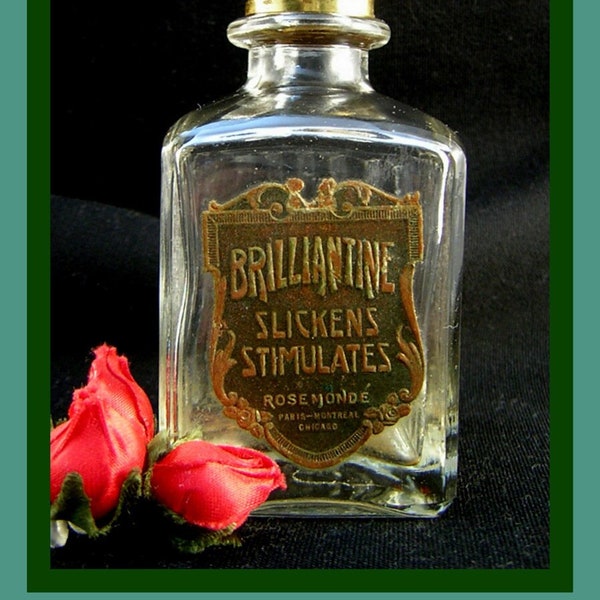 1930s Brilliantine Glass Perfume Bottle with Label & Cap, Slickens Stimulates Rose Monde, Paris, Vanity Décor Display, Art Deco, Ribbed