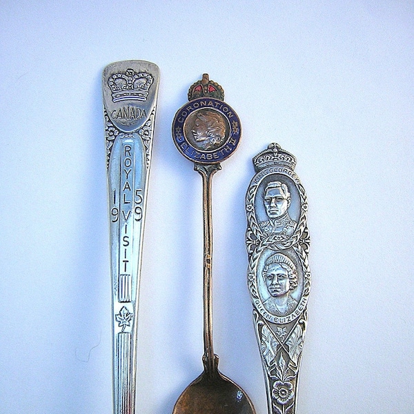 3 British Royalty Commemorative Souvenir Spoons, 1939 George Vi & Elizabeth Visit, 1953 Elizabeth II Coronation, 1959 Queen Visit to Canada