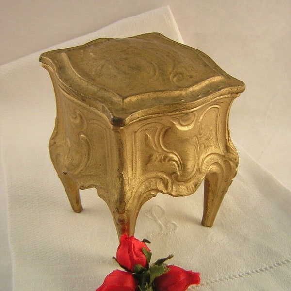 Antique, French Gilt Short Leg Trinket Casket Box, Ornate Molding, Draped "ribbon" Edge, Slant Top, Dresser Vanity, Jewelry Box, Depose 282