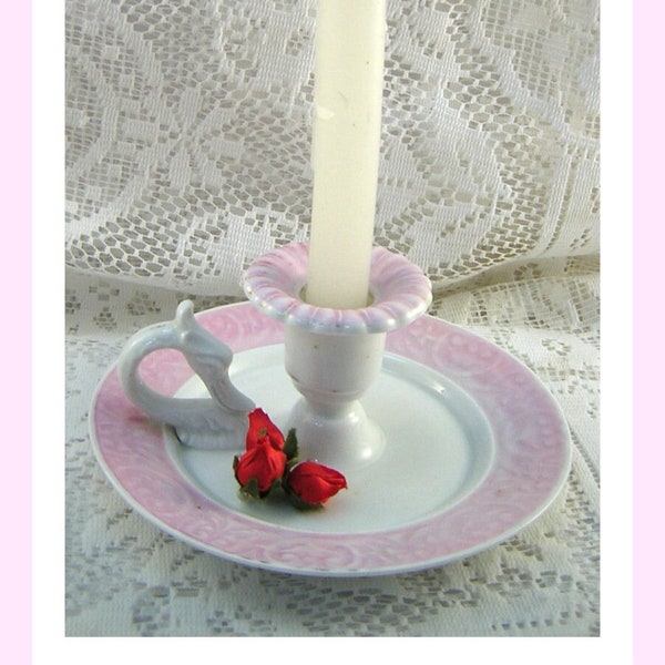 Antique, Swan Handle, Porcelain Chamberstick, Candle Holder, Night Candle, Finger Loop, Embossed Border, Floral  Cup, Palest Pink & White