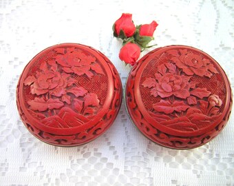 Pair, Red Cinnabar Trinket Boxes, Blue Enamel Interior, Carved Peonies Flower Design, Chinese, Asian, Very Fine Condition, Lovely Art Pieces