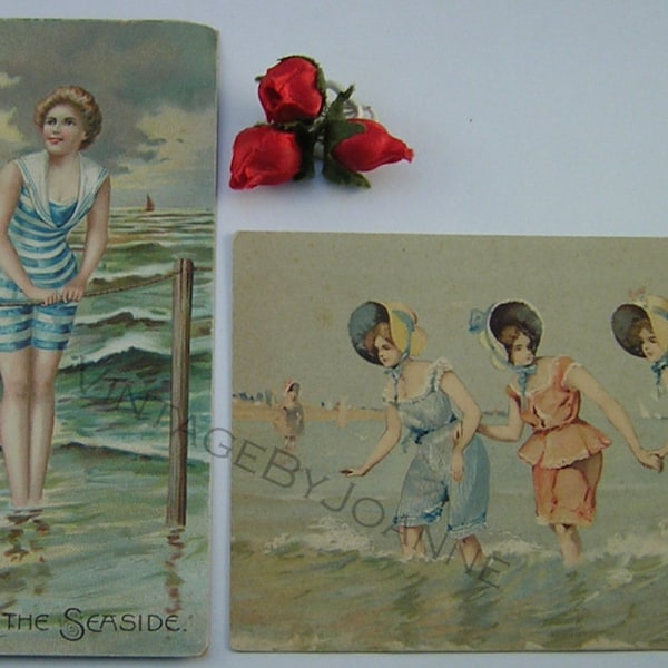 2 Edwardian Bathing Beauty Postcards, Post Card From the Seaside, Ladies Frolicking at Beach, Tuck 1908 & Germany Printed Cards, Beach Décor