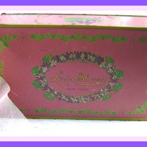 Vintage 1920s Louis Sherry, Brass Chocolate Tin, Pretty Green Leaves & Violet Litho Design on Deep Pink Base, LS New York, Eagle Can Co