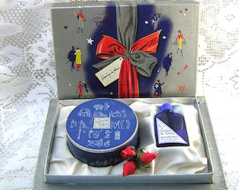 Vintage Evening in Paris Gift Box" Bourjois" 1940s Christmas Gift Set, Unopened Powder Rachel No.2, Empty Cobalt Glass Perfume Bottle, EIP