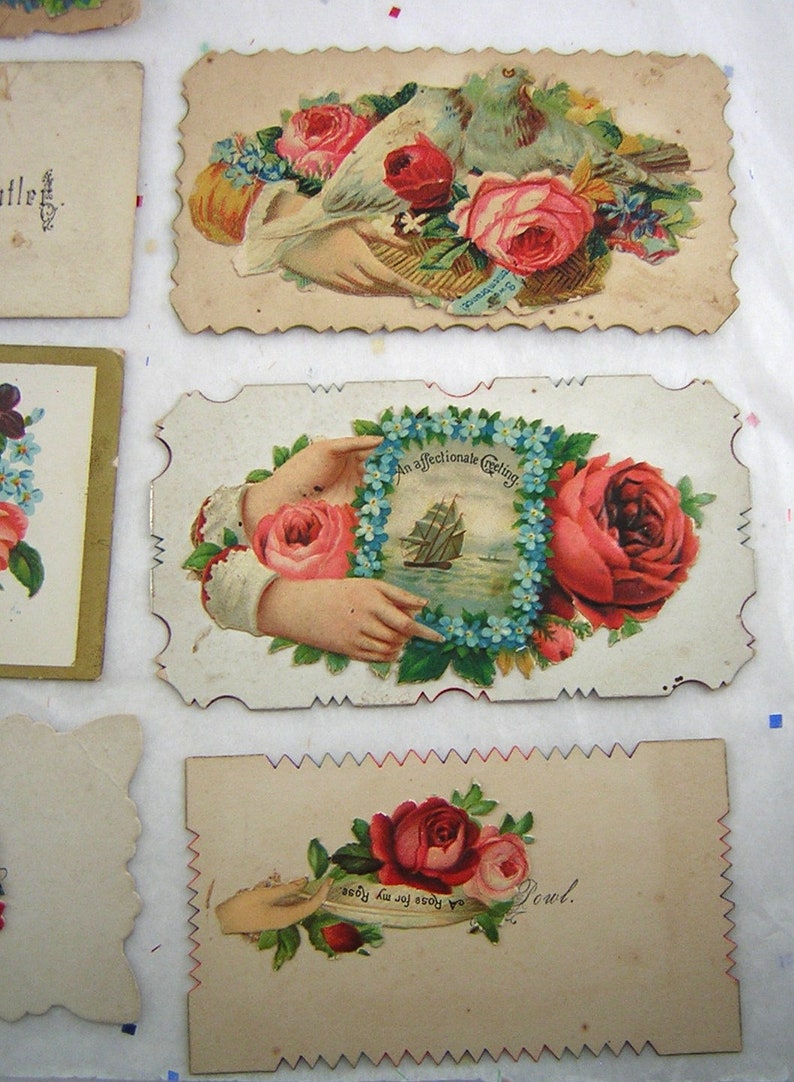 Doves 13 Antique Fringed Flowers Die Cut Friendship Paper Re-purpose Roses Journal Calling Cards Victorian Scrap Scrapbook