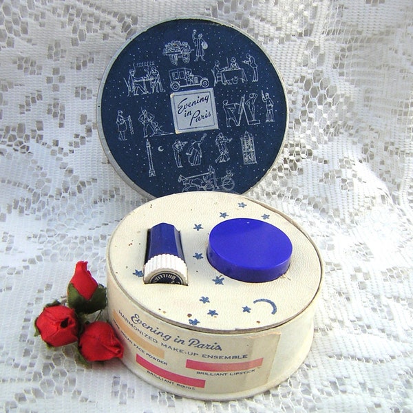 Evening In Paris Harmonized Make-up Ensemble, Powder, Lipstick & Rouge, Deco Blue + Silver EIP Round Tub, Original Labels, Vintage Vignette