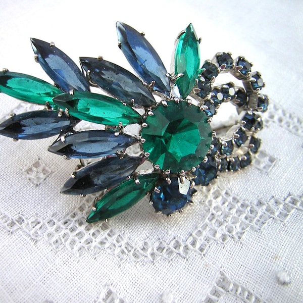 Vintage Rhinestone Brooch, Emerald Green & Sapphire Blue Navette Marquise Stones, Pale Blue Facetted Rounds, all Prong Set, Impressive Spray