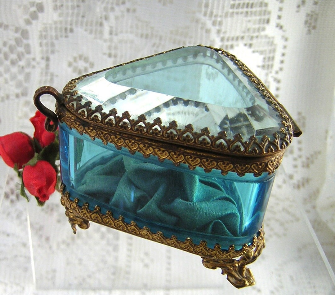 Antique Blue Glass, Triangular Jewelry Casket, Ornate Ormolu Setting ...