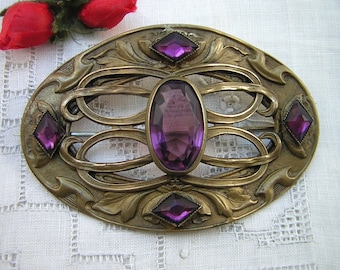 Beautiful, Large, Oval, Art Nouveau Sash Pin, Brooch, Openwork with Swirls and Foliage, Amethyst Glass Stones, C Clasp, Very Fine Antique