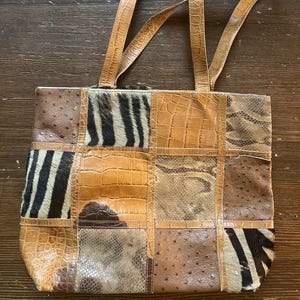 May include: A patchwork tote bag featuring a variety of animal print textures, including zebra, crocodile, and ostrich. The bag has long, tan leather straps and a rectangular shape. The bag is made of various shades of brown and tan.