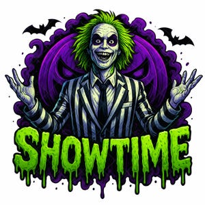 May include: A digital illustration of a character with green hair and a black and white striped suit, smiling widely. The character is set against a purple pumpkin and dark purple smoke, with the word "SHOWTIME" in dripping green letters below. Two black bats are in the background.