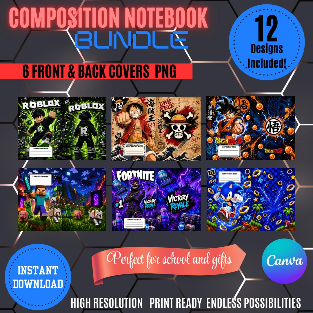 Composition Notebook Bundle | 6 Front & Back Covers | 12 Printable PNG ...