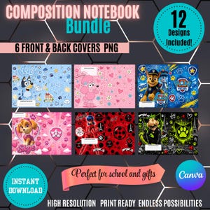 Paquete de cuadernos de composición / 6 portadas (frontal y trasera) / 12 diseños PNG imprimibles / Editables en Canva / Portadas para cuadernos escolares / Descarga instantánea