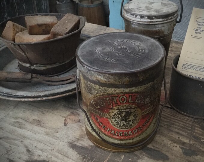 Primitive Antique Lard Can Bucket, Cottolene Cow Graphic, Cute Small