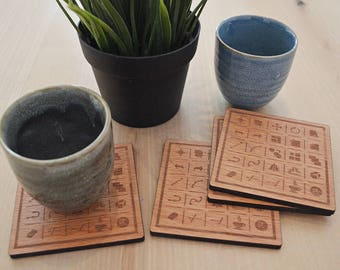 Laser engraved "Cad commands" wooden coasters