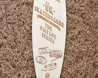 Laser engraved "Passport Stamps" Cruiser Longboard, 7ply canadian maple
